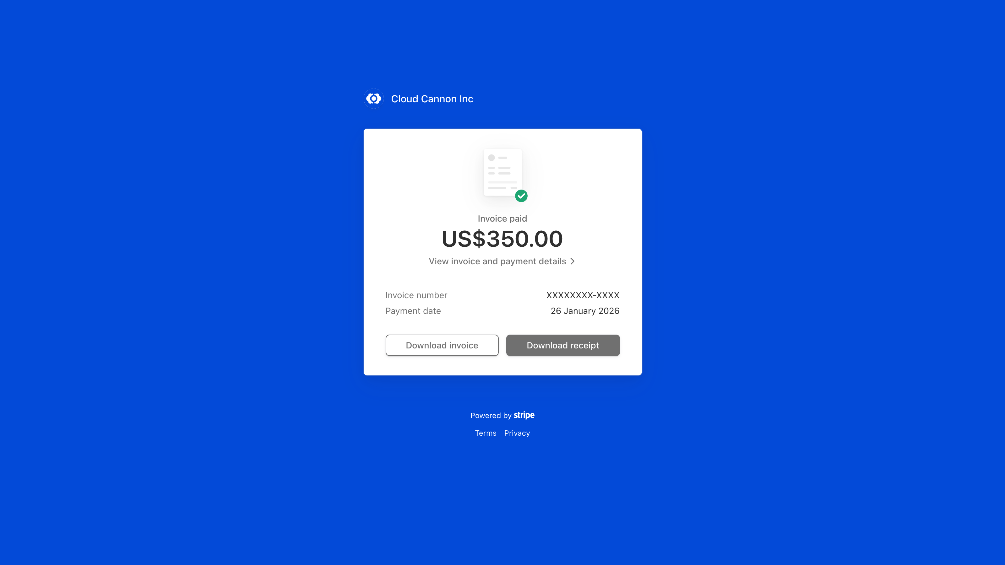 A screenshot of the Stripe invoice page showing the invoice total, invoice number, payment date, and buttons to download the invoice or receipt.