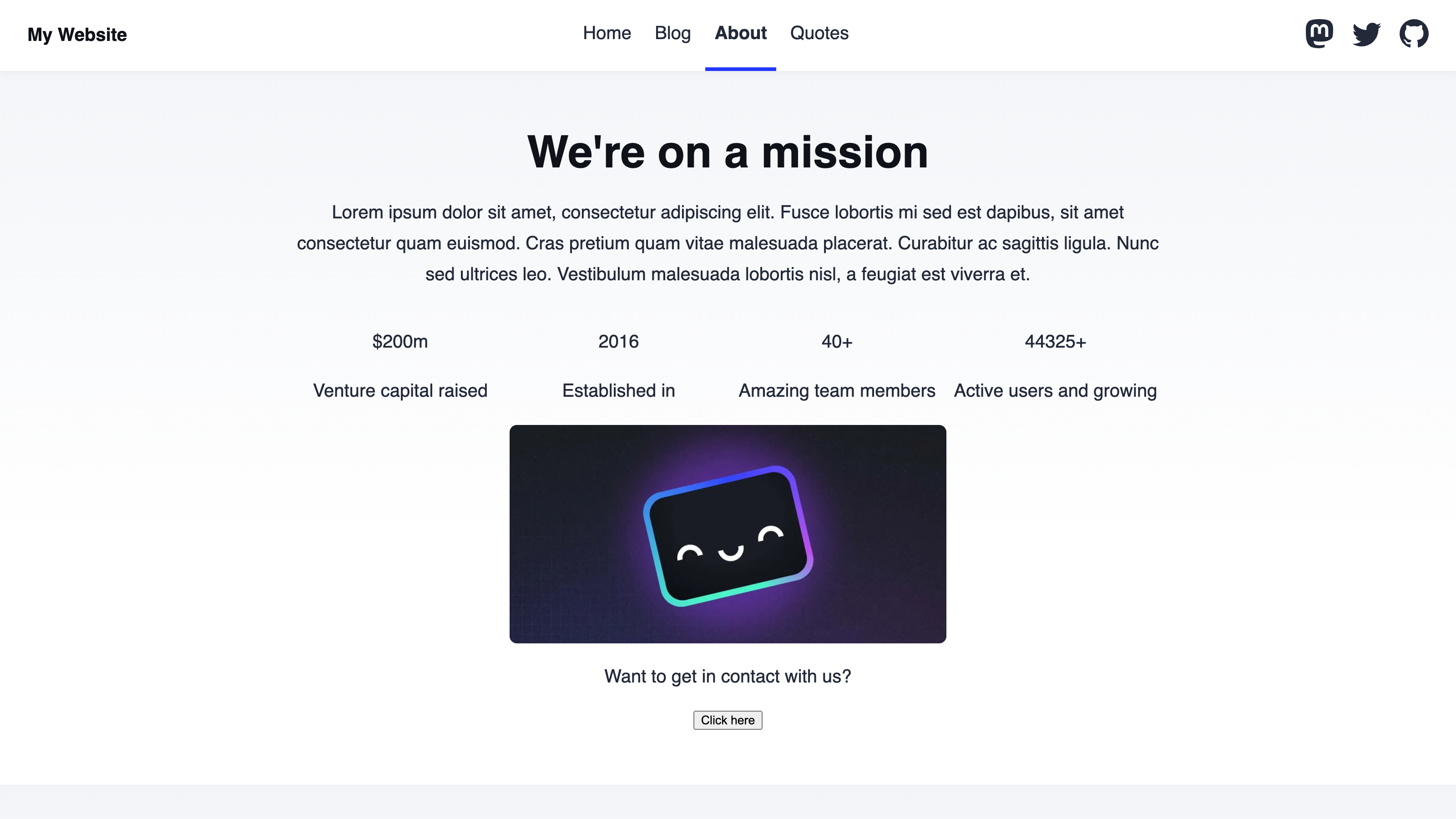 A screenshot of the About page on our Astro website shows header content, some statistics, an image, and a button.
