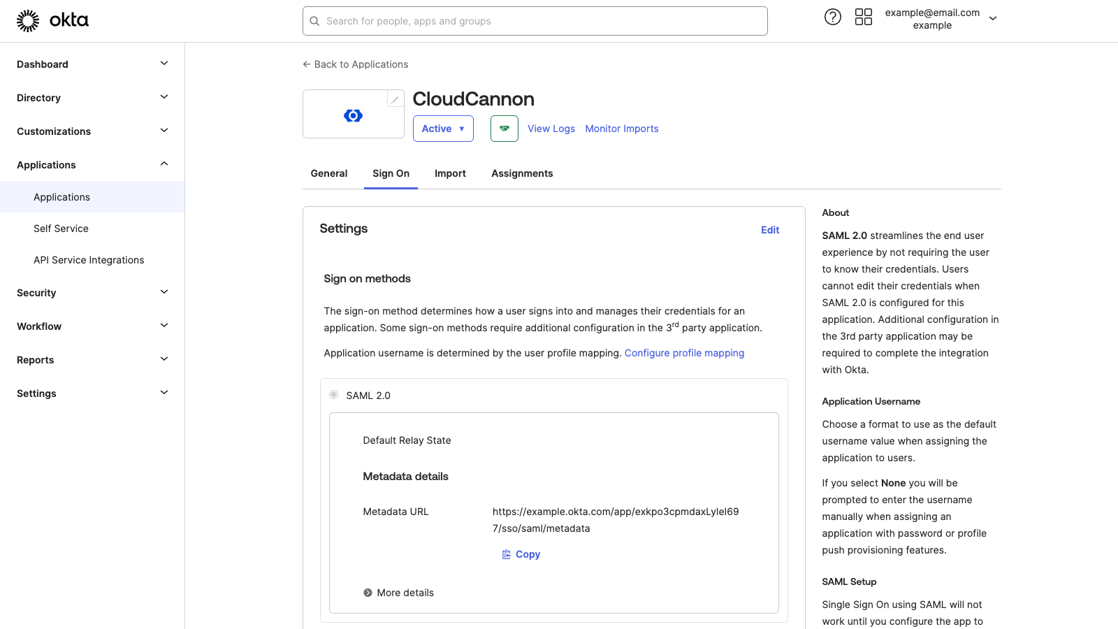 A screenshot of the CloudCannon app integration page on Okta.