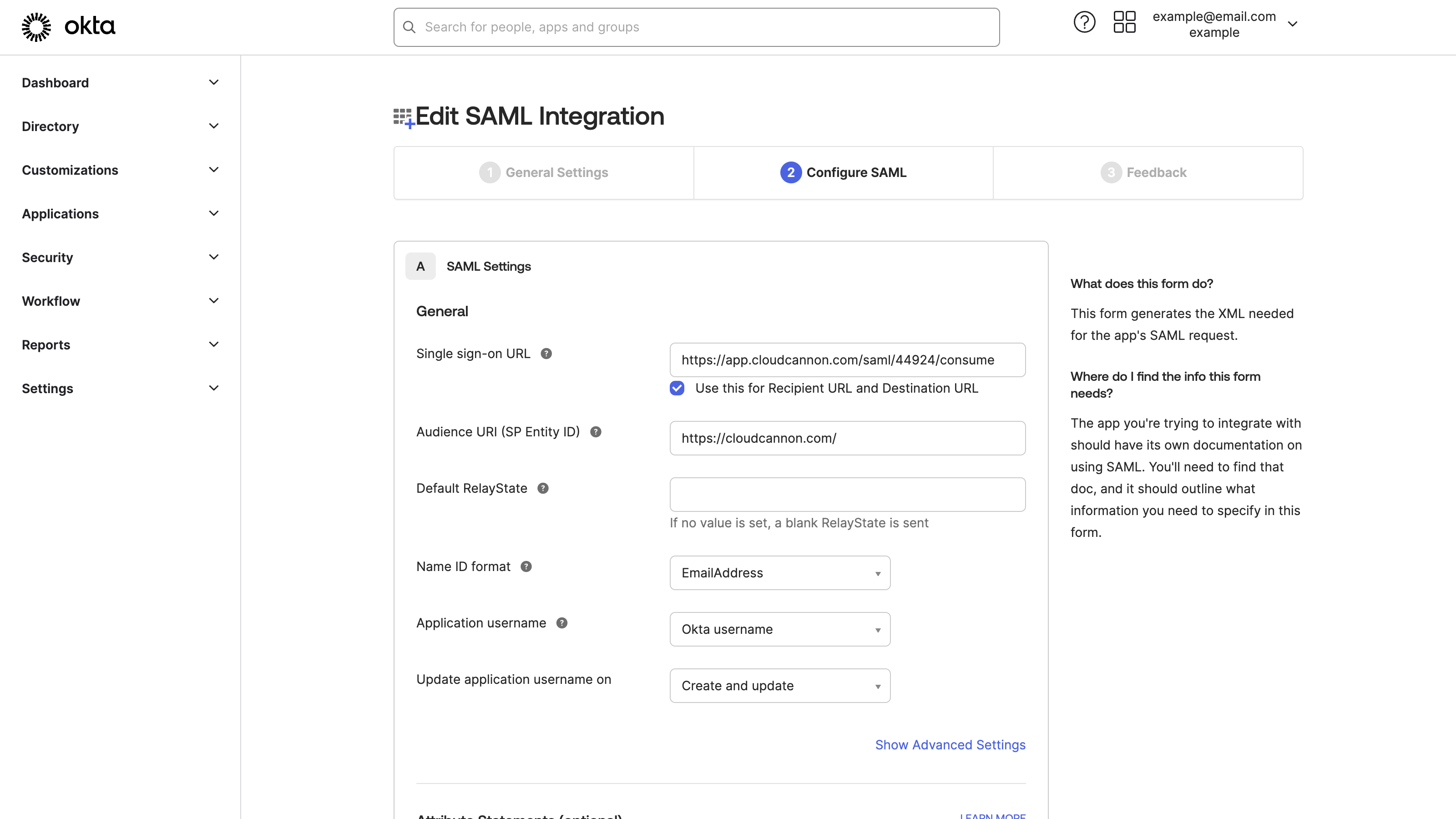 The Create SAML Integration page A screenshot of the General Settings tab on the Create SAML Integration page shows fields for the SSO URL and Entity ID.