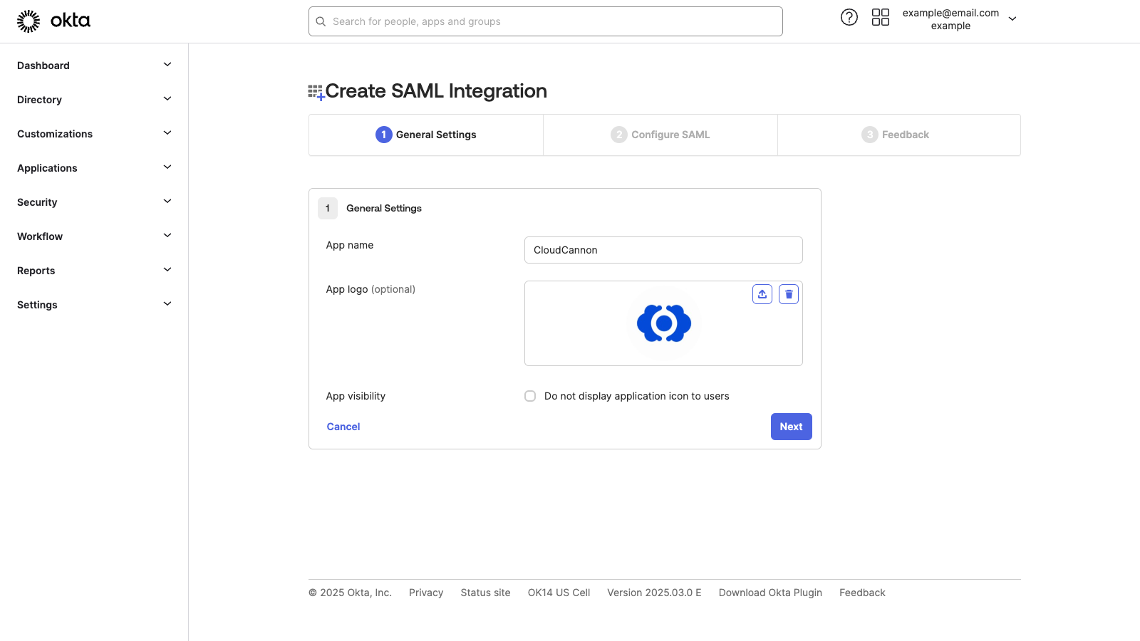 The Create SAML Integration page A screenshot of the General Settings tab on the Create SAML Integration page shows fields for app name and logo.