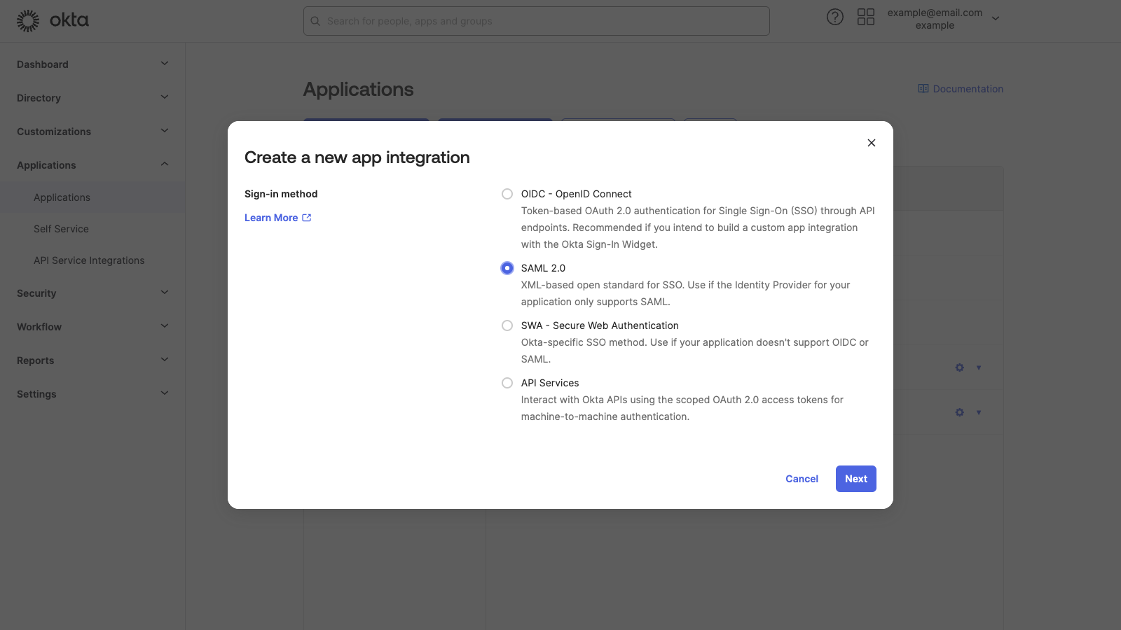 A screenshot of the Okta Applications page shows the Create a new app integration modal.