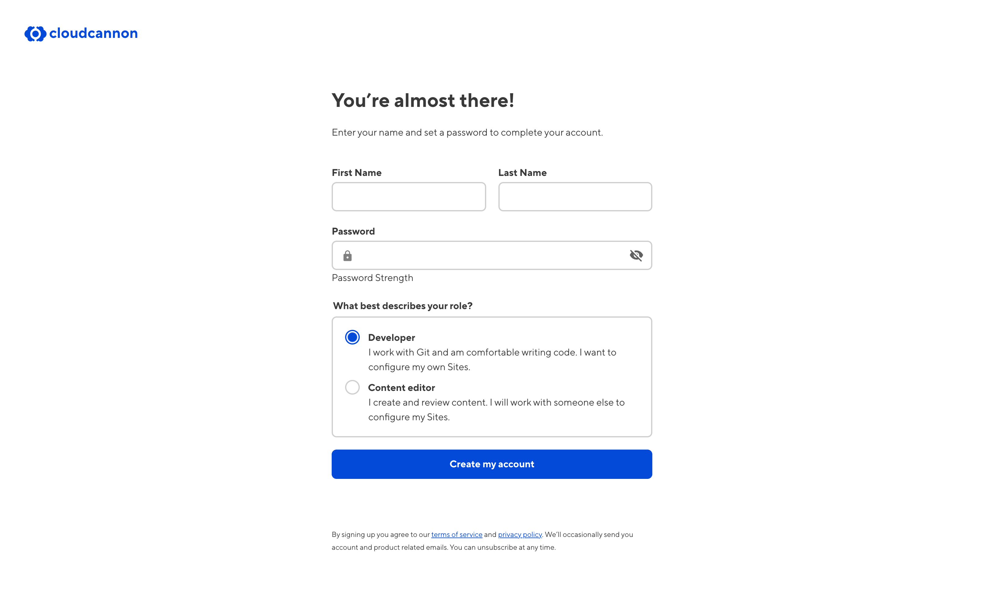 A screenshot of the Signup page shows fields for your first name, last name, password, and role.