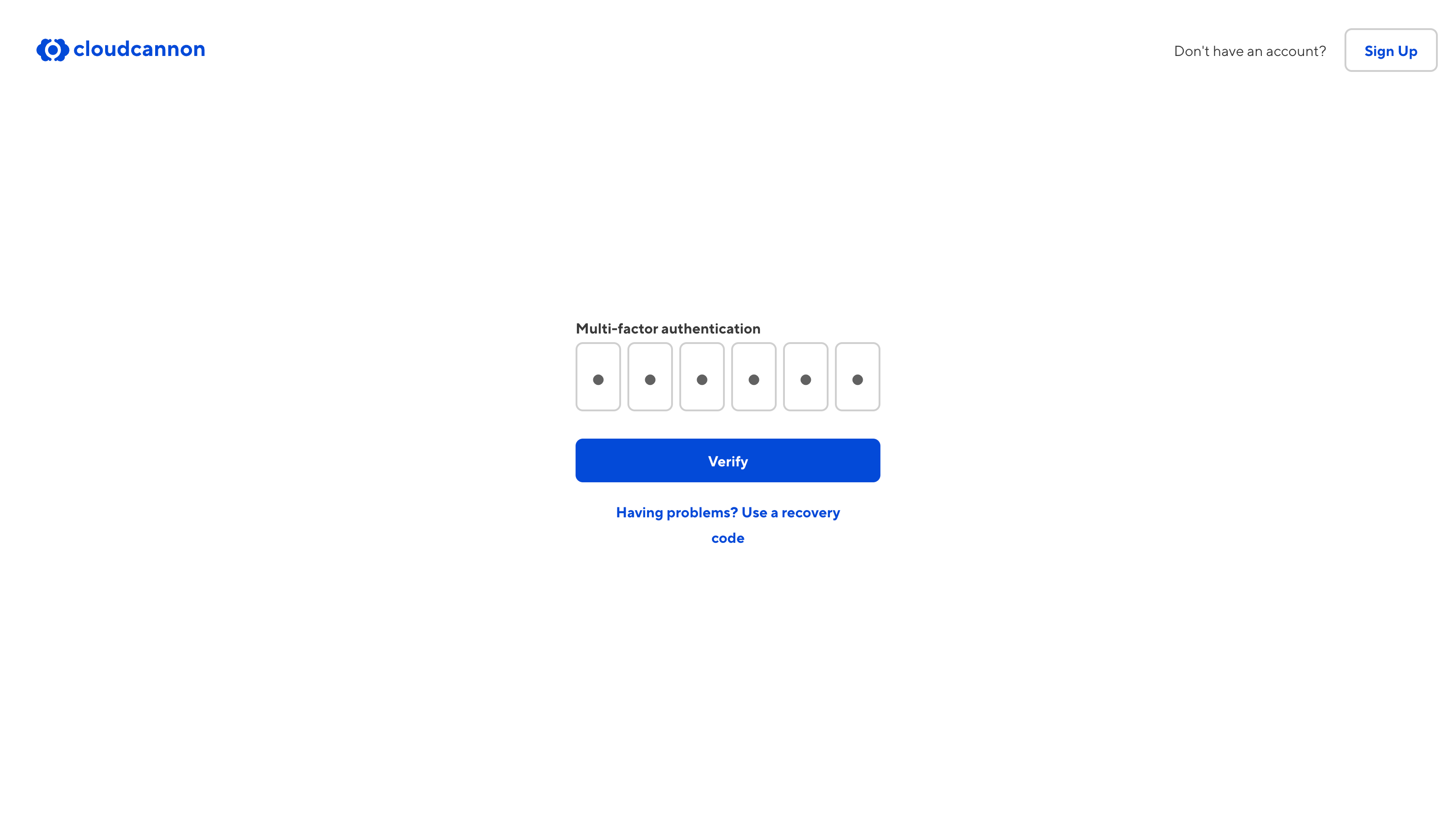 The MFA passcode login screen A screenshot of the CloudCannon login screen, showing a prompt to enter your six digit MFA passcode for an authentication app.