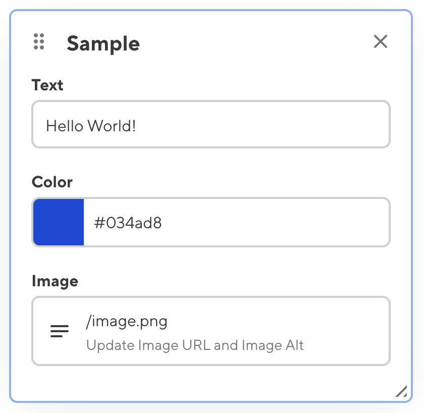 A data editor panel open in CloudCannon showing the initialized state of a new Sample component when added to the page