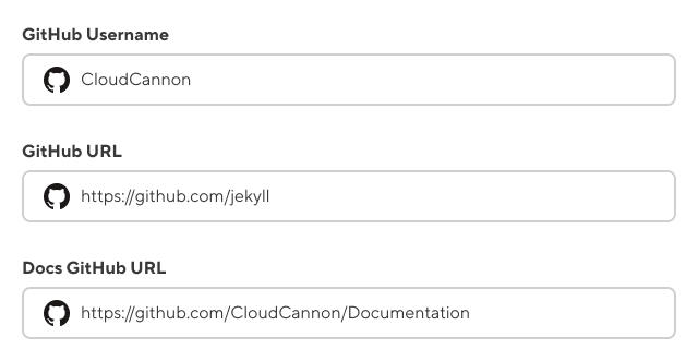 Screenshot of three GitHub username inputs. The first input uses a GitHub username, the second input uses a full URL to a GitHub user, and the third input uses a full URL to a GitHub repository as values