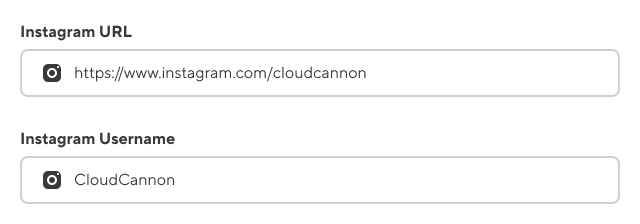 Screenshot of two Instagram inputs. The first input uses a full URL to an Instagram page, and the second input uses the name of an Instagram handle as the value