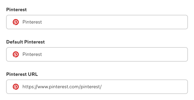 Screenshot of three Pinterest inputs. The first and second inputs use a Pinterest username, and the third input uses a full URL to Pinterest user