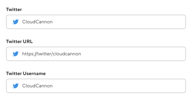 Screenshot of three Twitter inputs. The first and third inputs use Twitter usernames, while the second input uses a full URL to a Twitter page as values