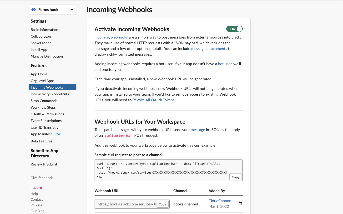 The Slack Incoming Webhooks console