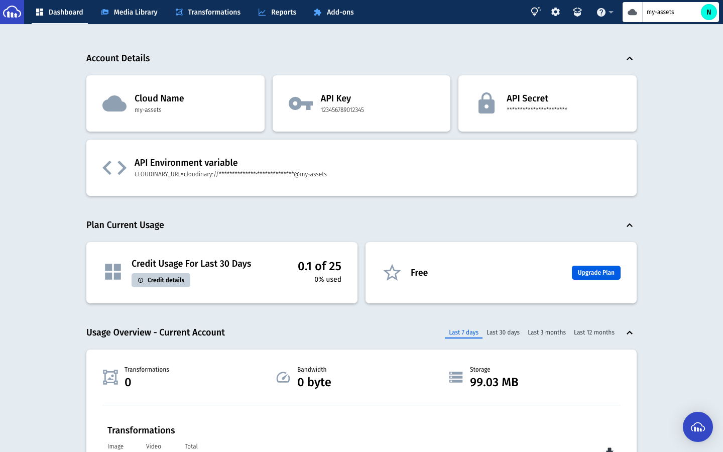 Screenshot of Cloudinary user dashboard