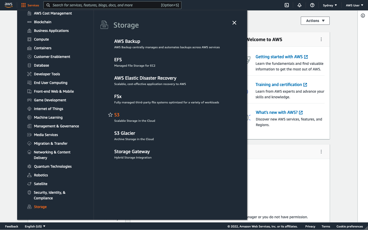 Screenshot of AWS services menu with S3 highlighted