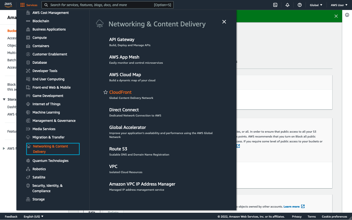 Screenshot of AWS Services menu with CloudFront highlighted