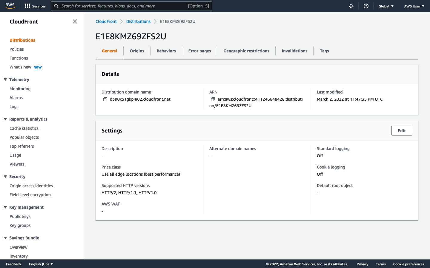 Screenshot of AWS CloudFront distribution after being created