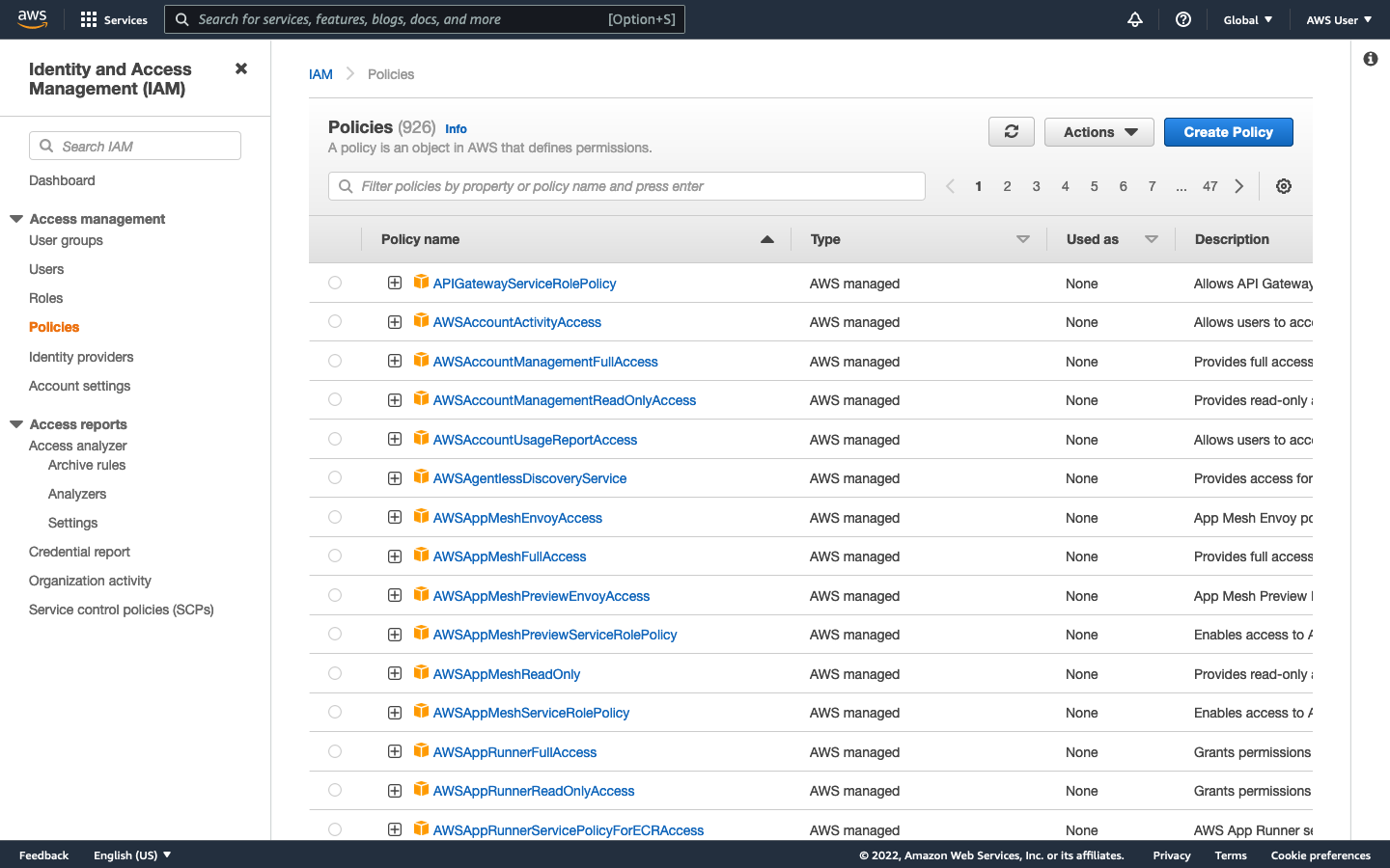 Screenshot of IAM Policies dashboard