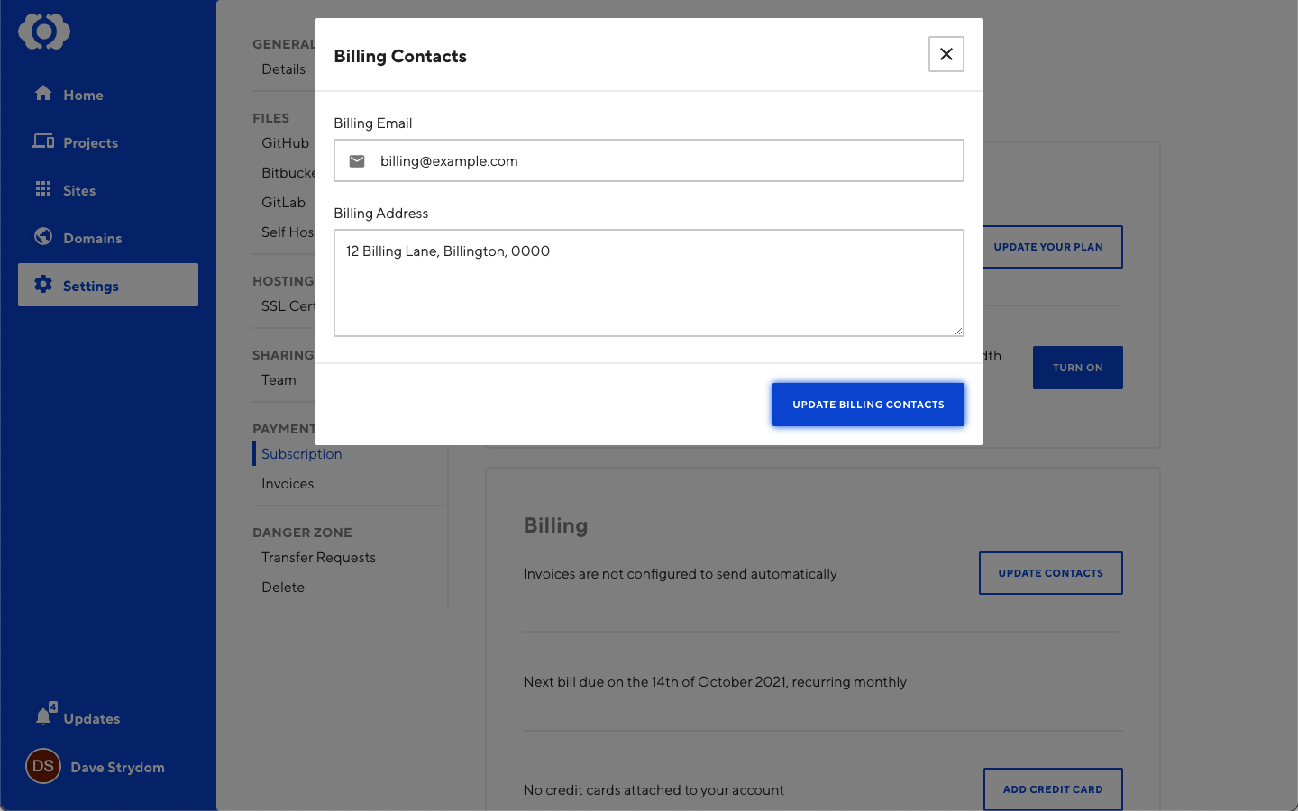 Screenshot of adding your Billing email and address to your CloudCannon invoices.