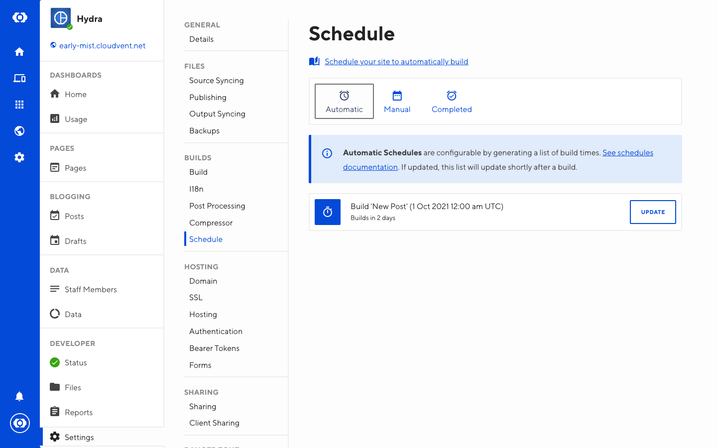 Automatic Builds Schedule interface