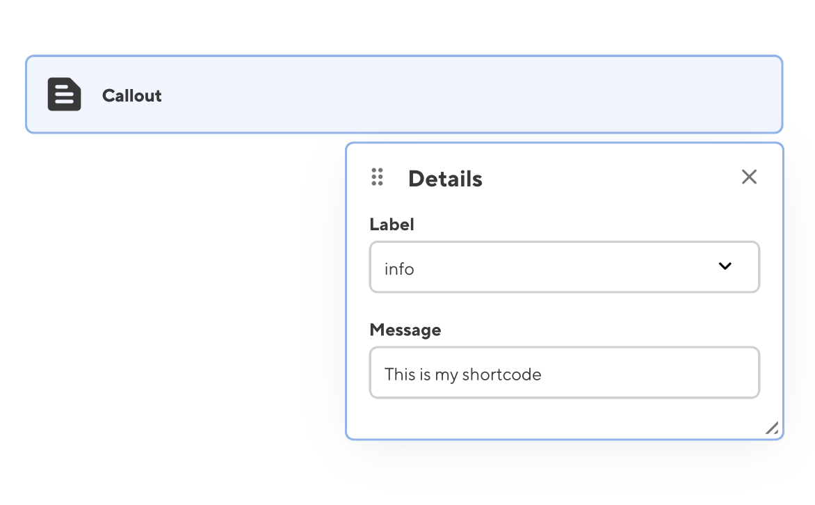 A screenshot of the "callout" shortcode in the Content Editor, with the editing panel open showing the snippet data