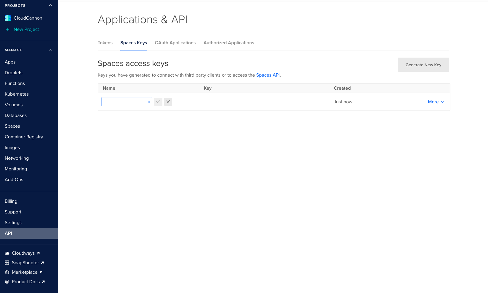 Screenshot of the menu in DigitalOcean for creating API keys