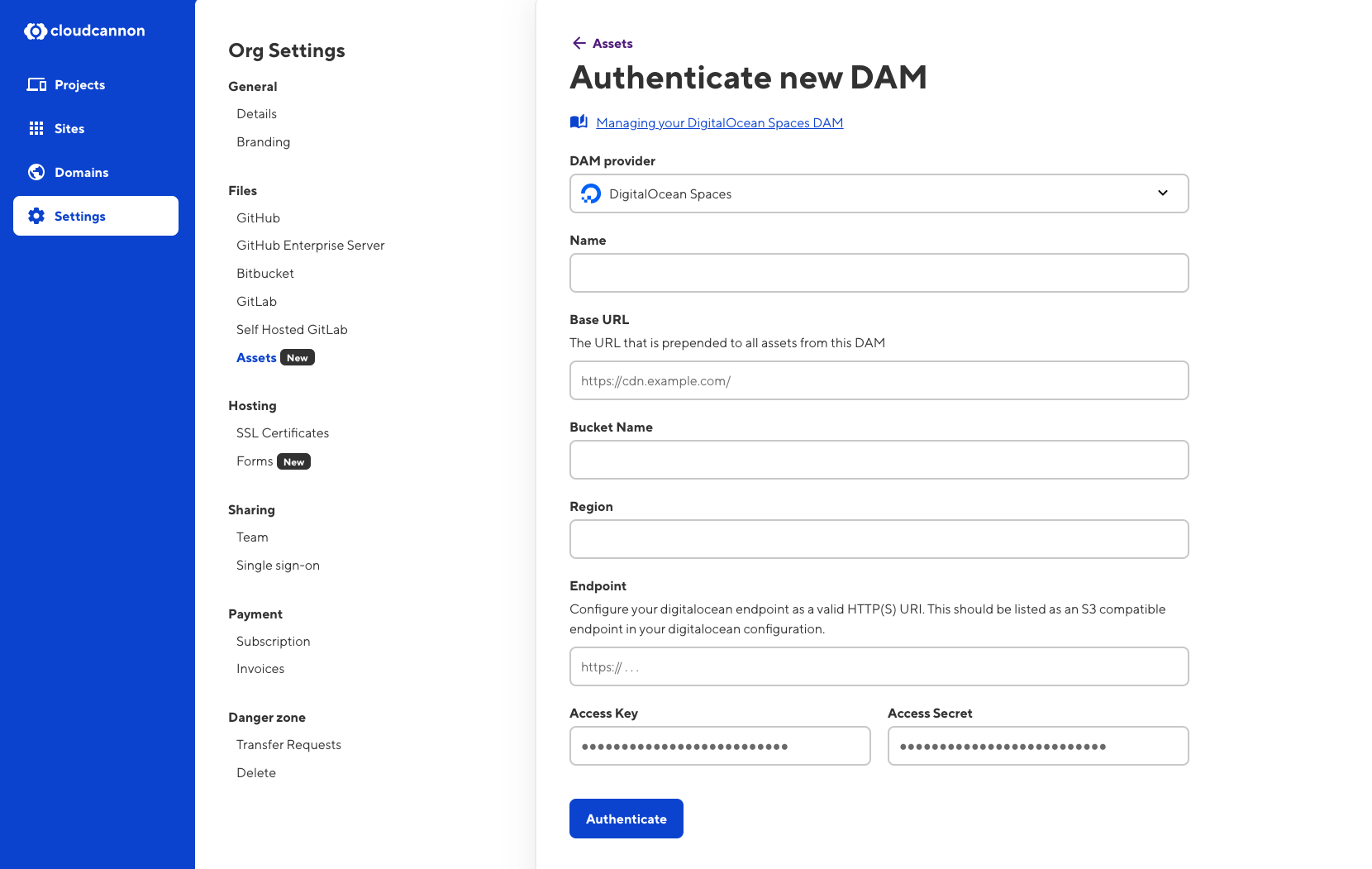 Screenshot of the CloudCannon form for authenticating a DigitalOcean DAM