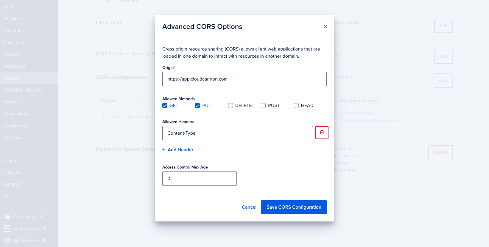 Screenshot of the CORS policy editor in DigitalOcean