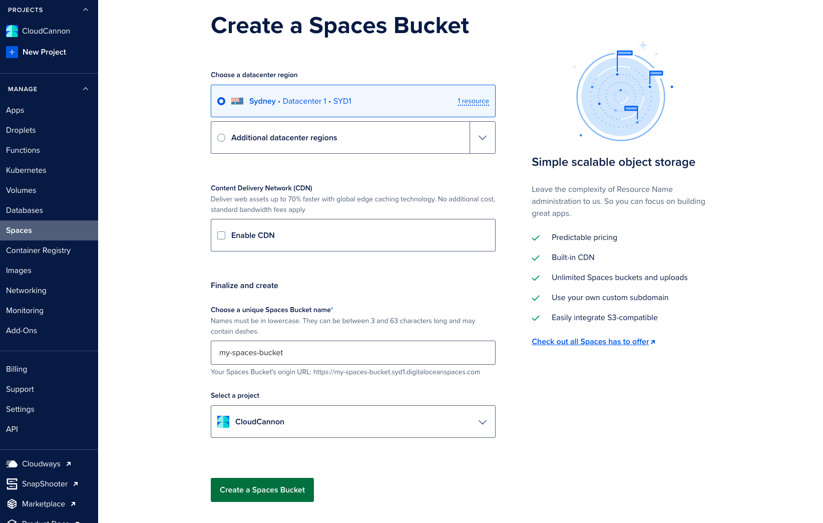 Screenshot of the bucket creation menu in DigitalOcean