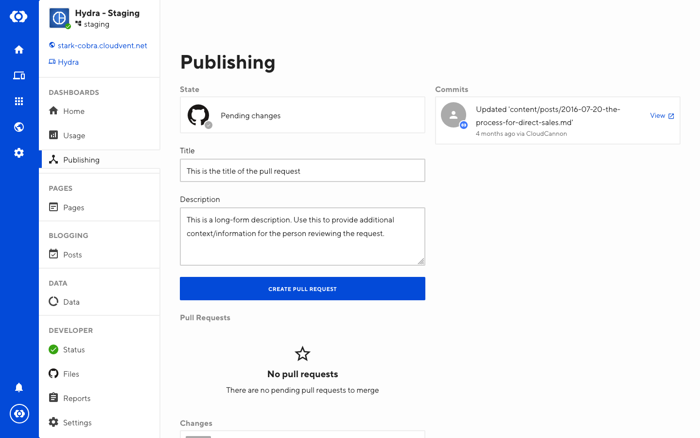 Publishing interface with pull request