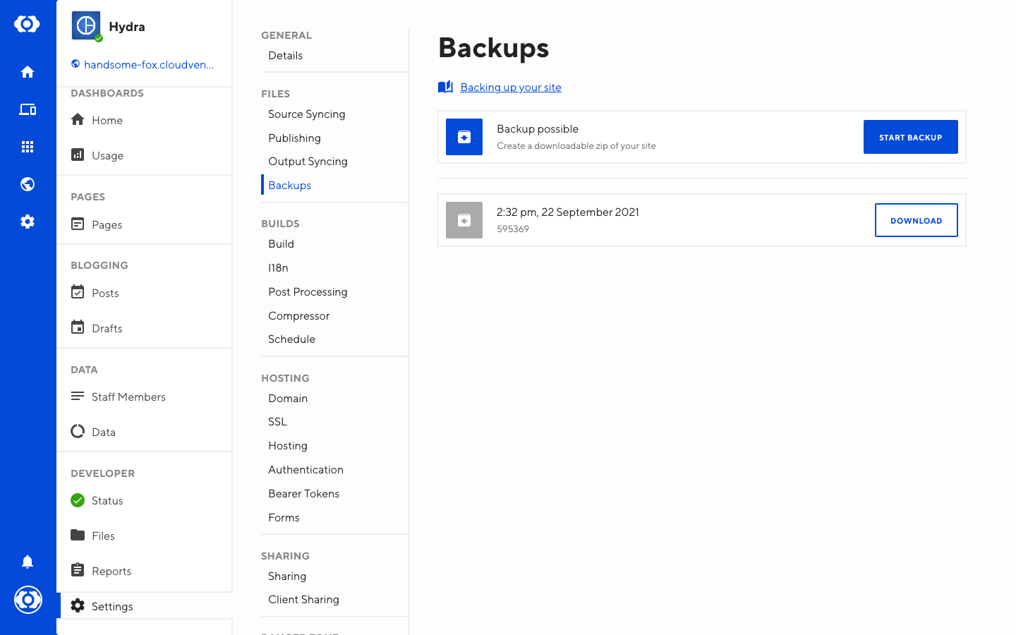 Starting a new backup from your source files and downloading backups from specified date time