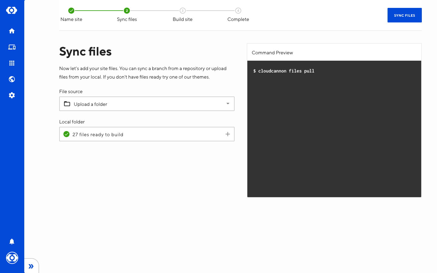 Sync step of creating a site to add your files