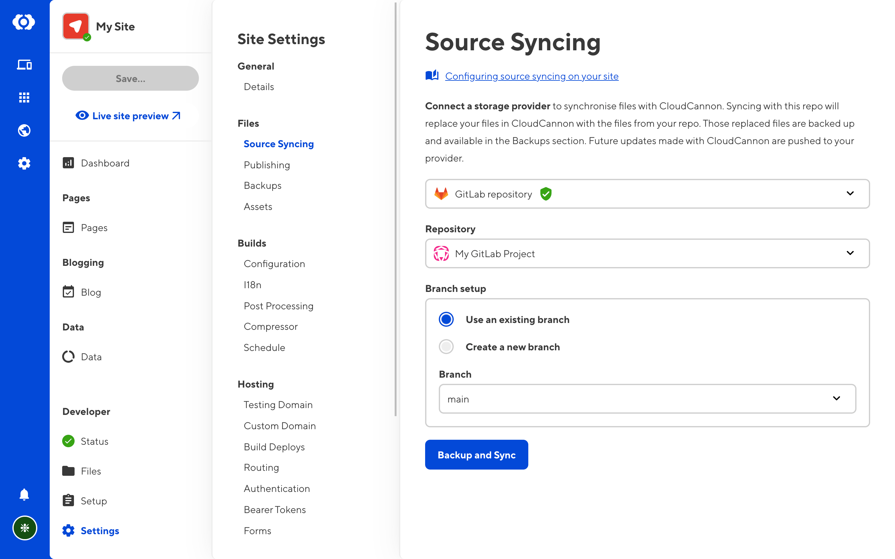 A form with options for choosing a repository and branch.