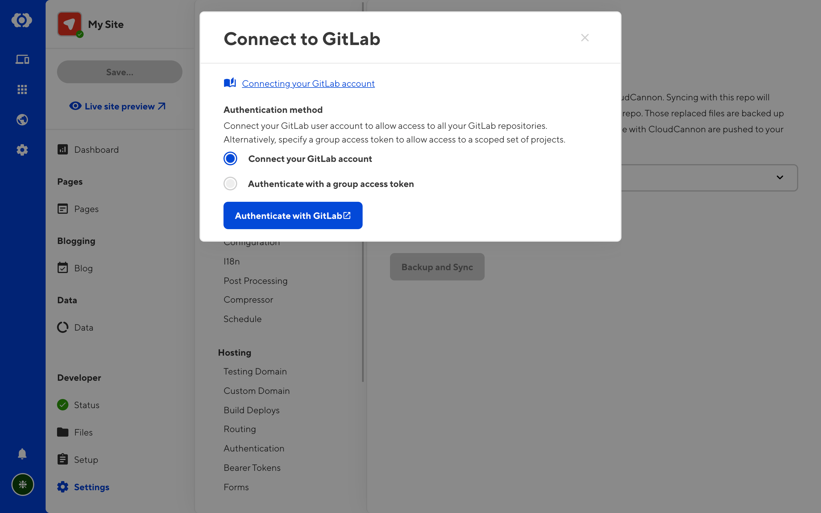 A menu with a button labelled 'Authenticate with GitLab'.
