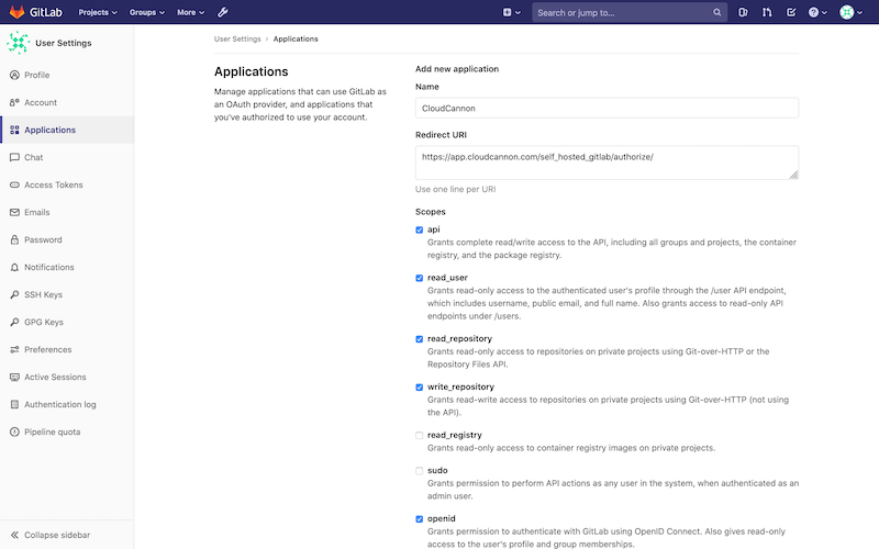 Settings page from Gitlab