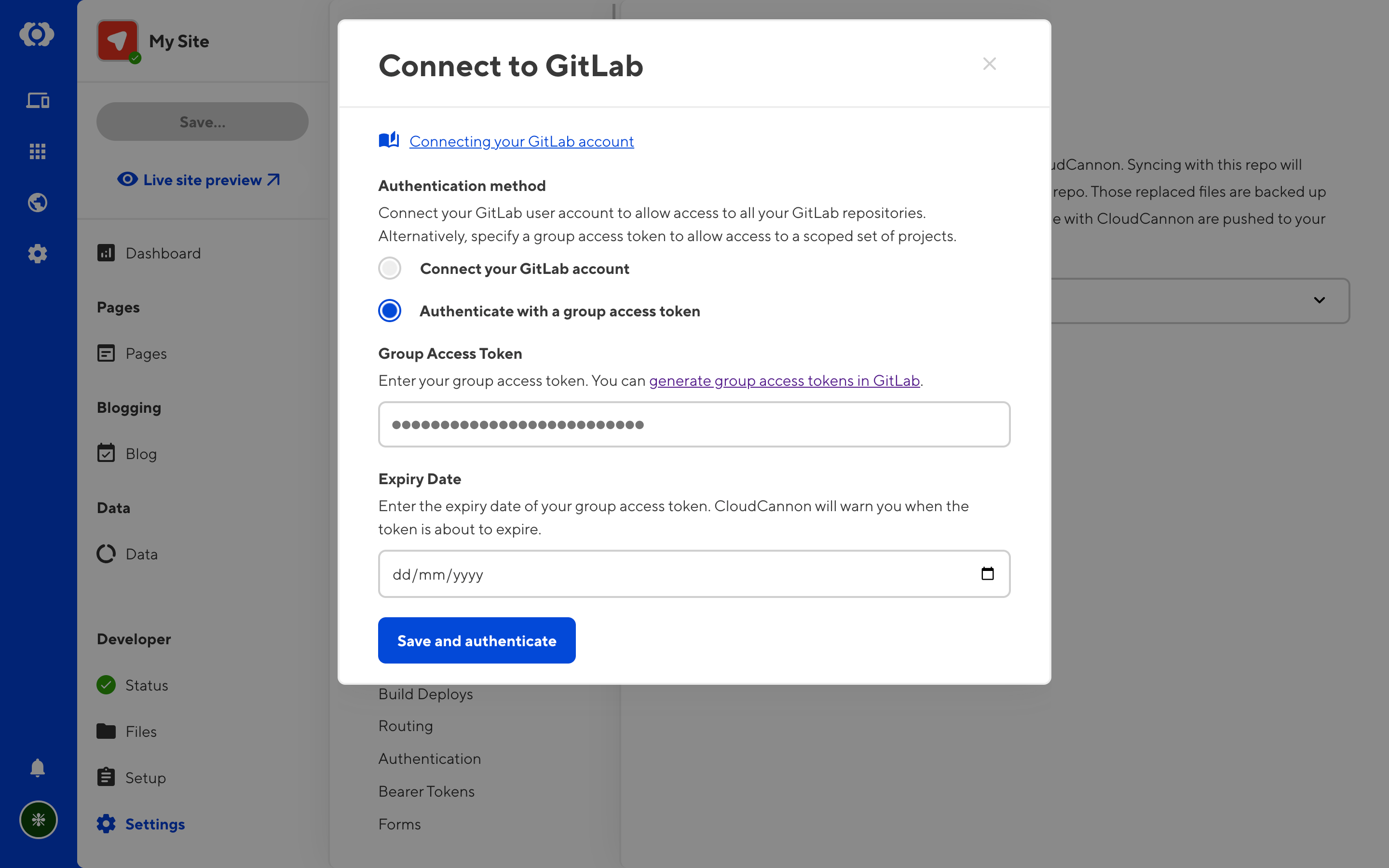 A form with fields for token and expiry date, and a submit button.