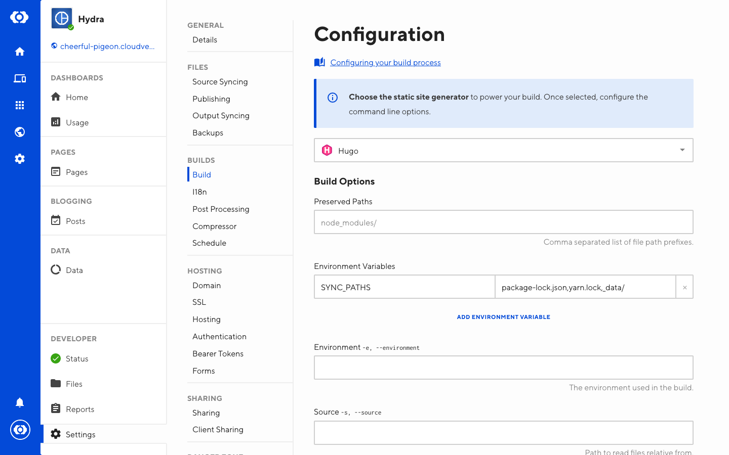 Screenshot of build settings with sync paths configured