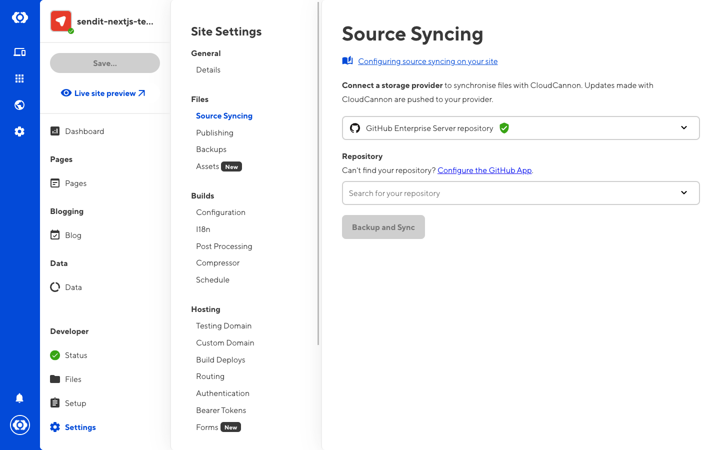 Selecting GitHub Enterprise Server as the your source syncing provider
