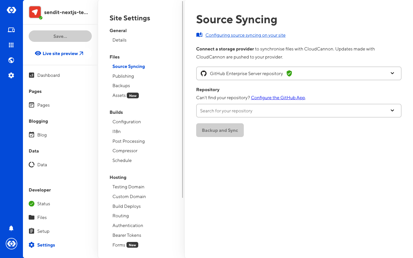 Selecting GitHub Enterprise Server as the your Git provider