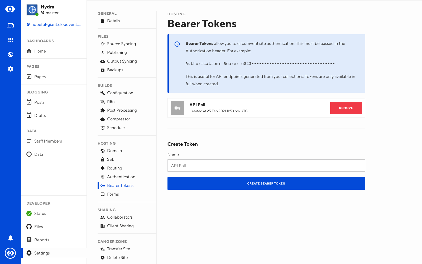 Screenshot of bearer tokens interface