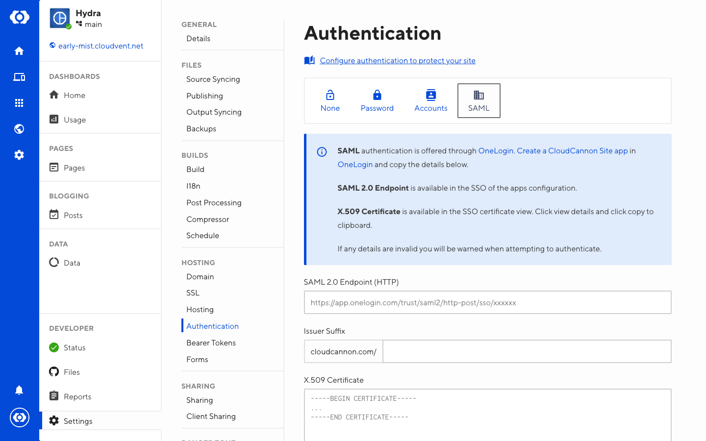 Screenshot of SAML tab with SAML set in Authentication interface