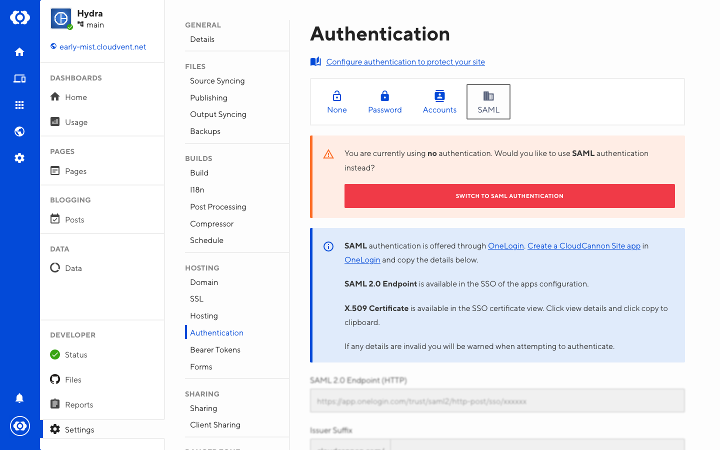 Screenshot of SAML tab in the Authentication interface