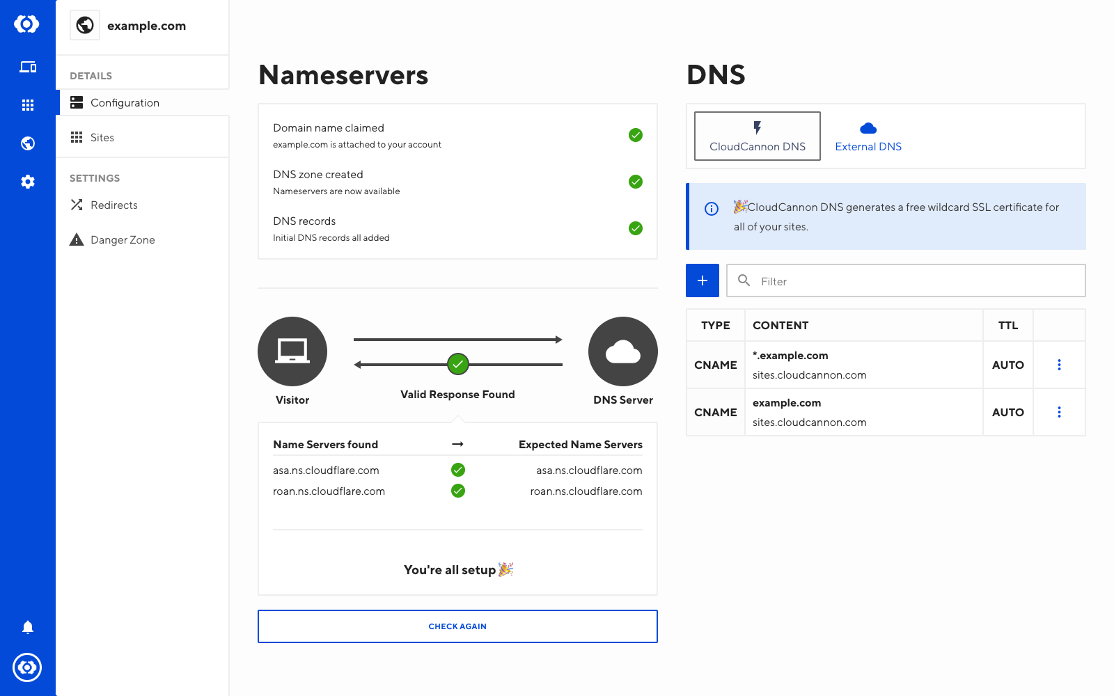 Screenshot of CloudCannon DNS interface with incorrectly configured DNS