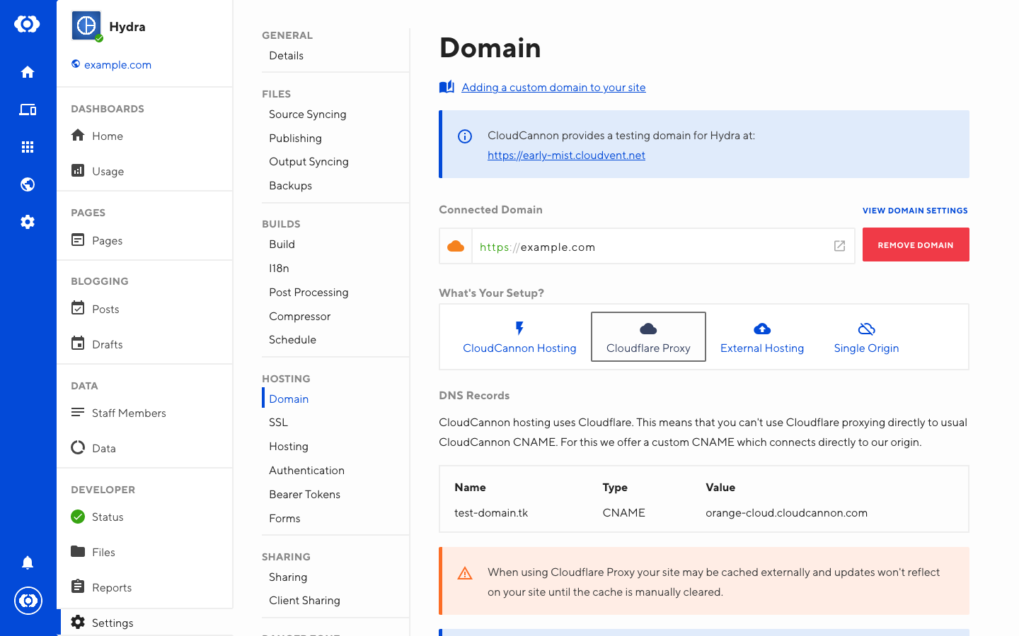 Screenshot of Cloudflare Proxy Hosting interface