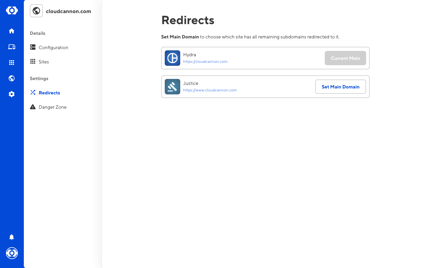 Screenshot of Domain Redirects interface