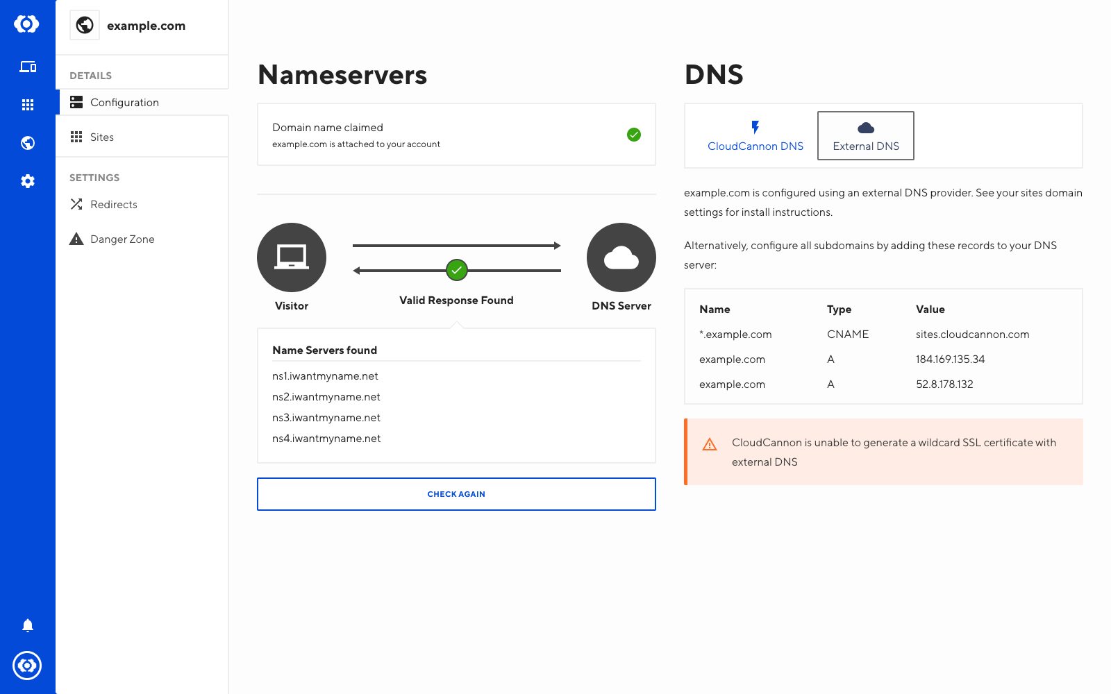 Screenshot of external dns interface