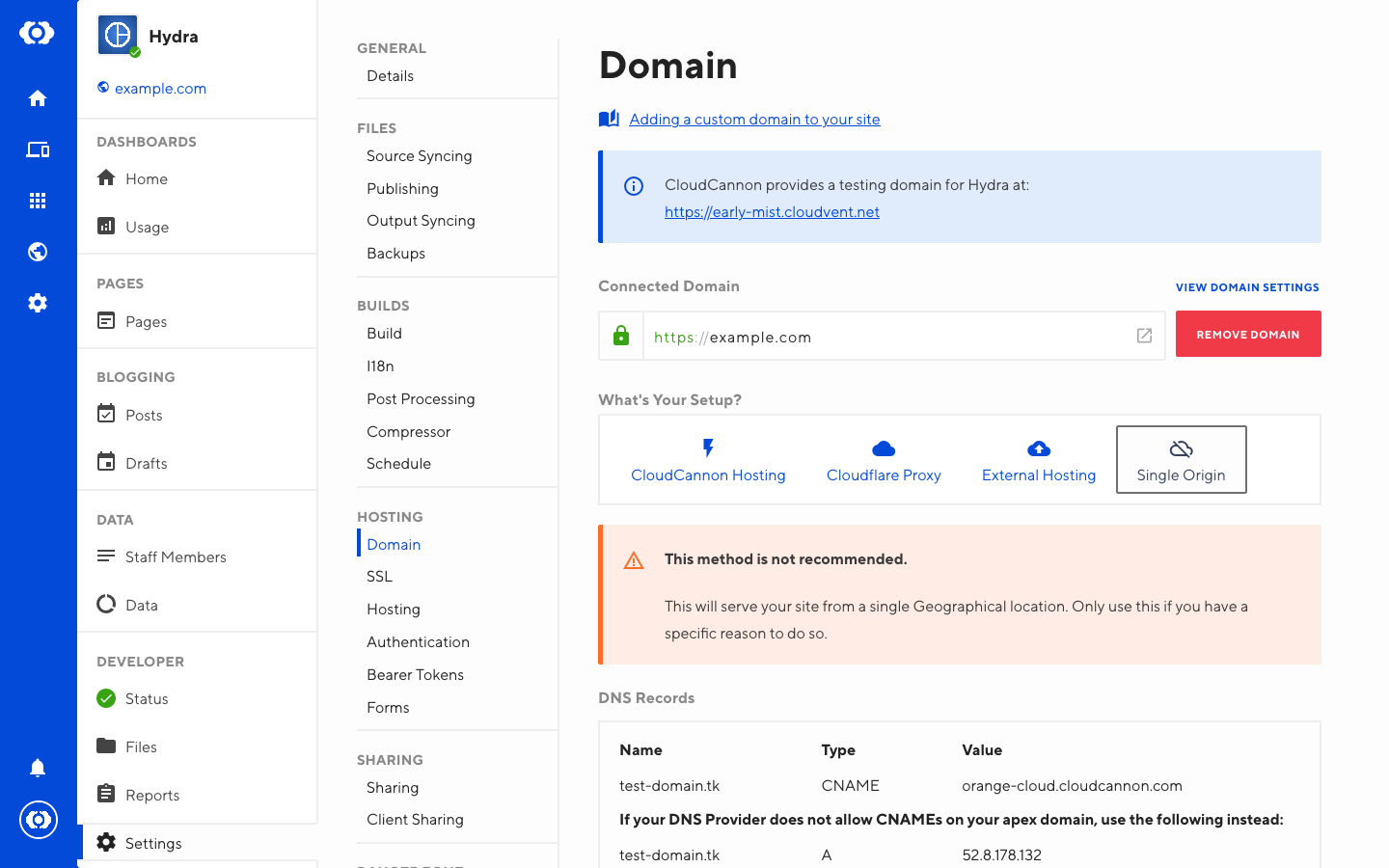 Screenshot of Single Origin Hosting interface