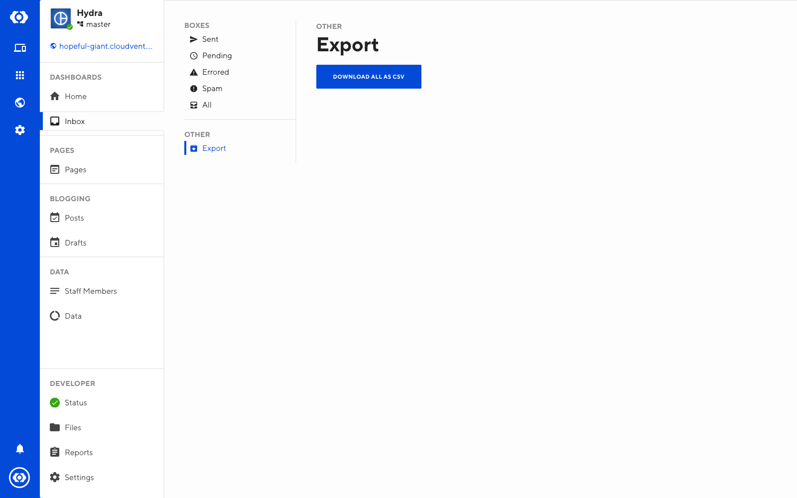 Screenshot of export inbox page
