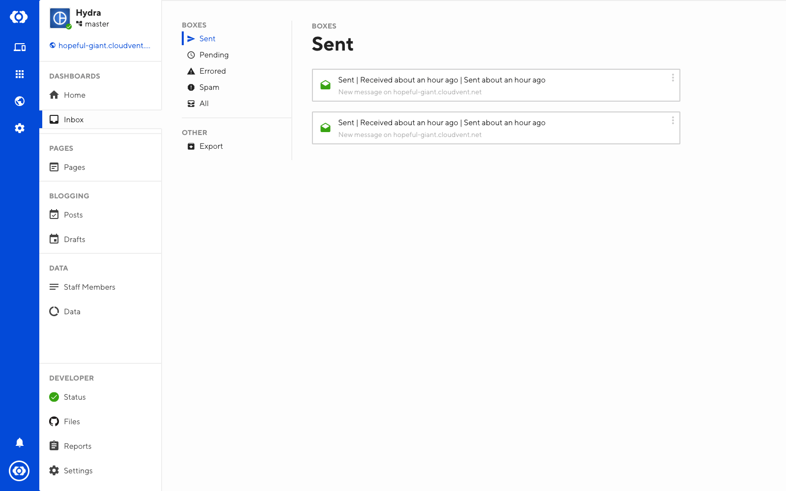 Screenshot of sent box within the inbox