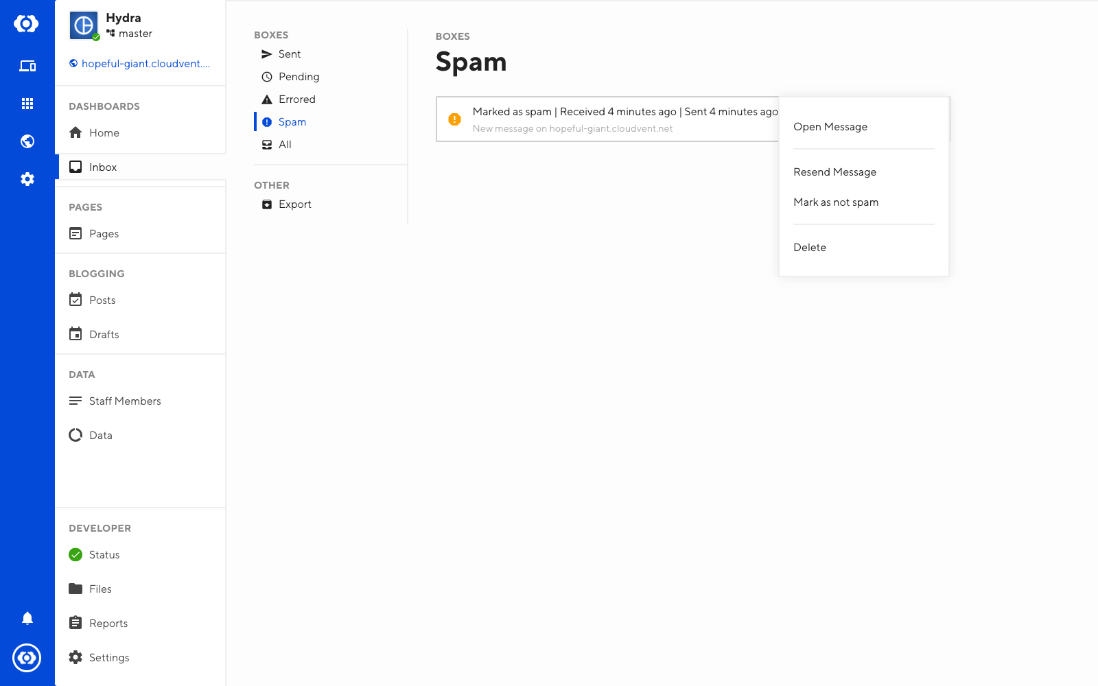 Screenshot of spam box within the inbox with dropdown menu open