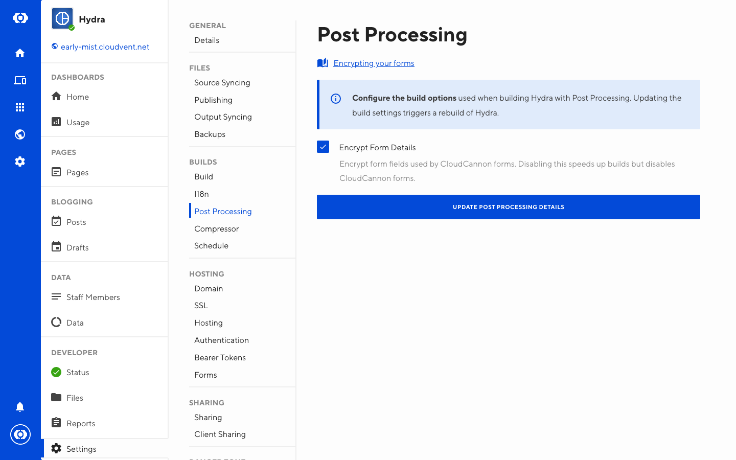 Screenshot of the CloudCannon post processing settings screen