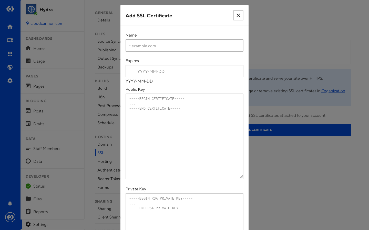 Screenshot of Add SSL Certificate Modal