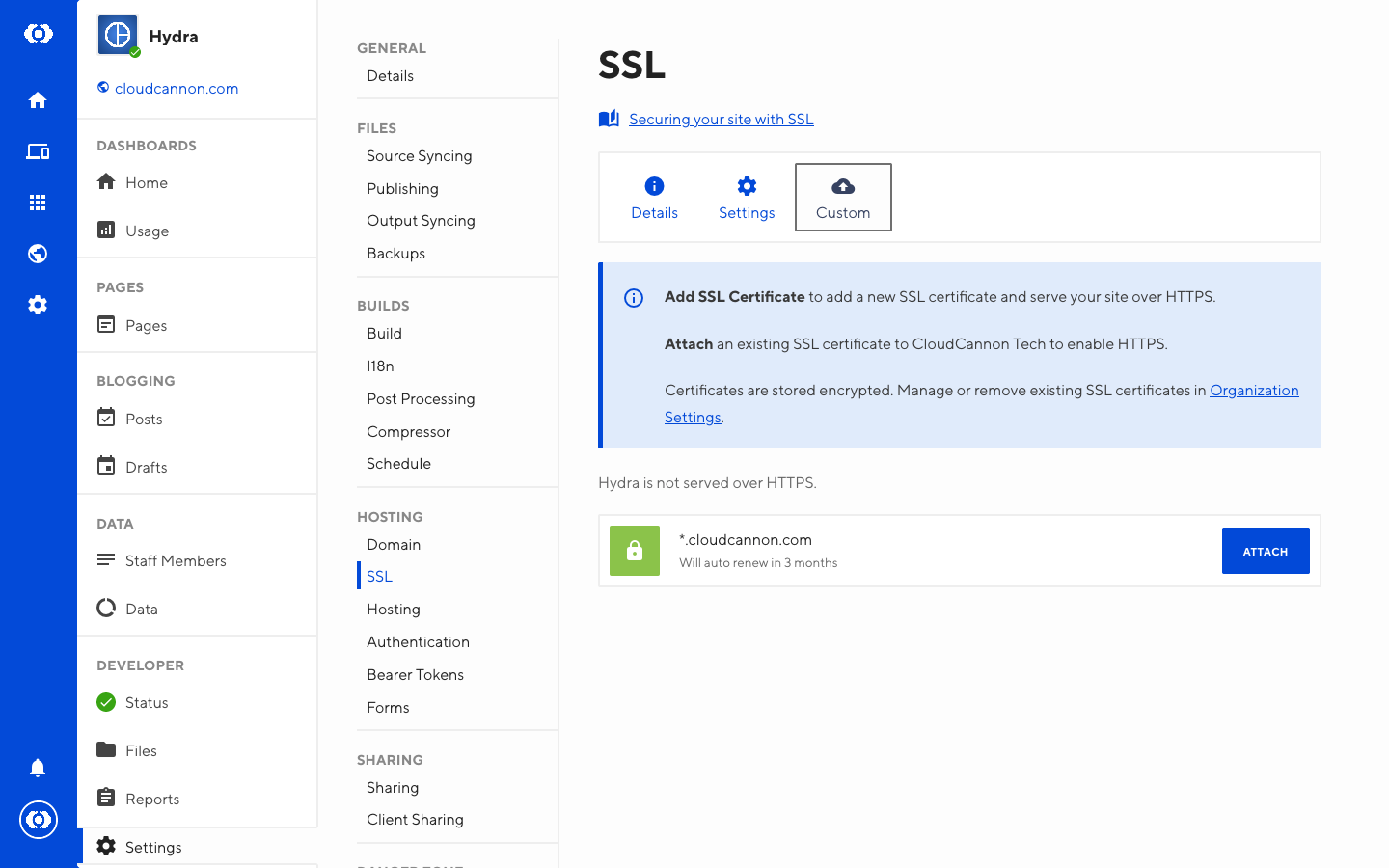 Screenshot of Custom SSL interface